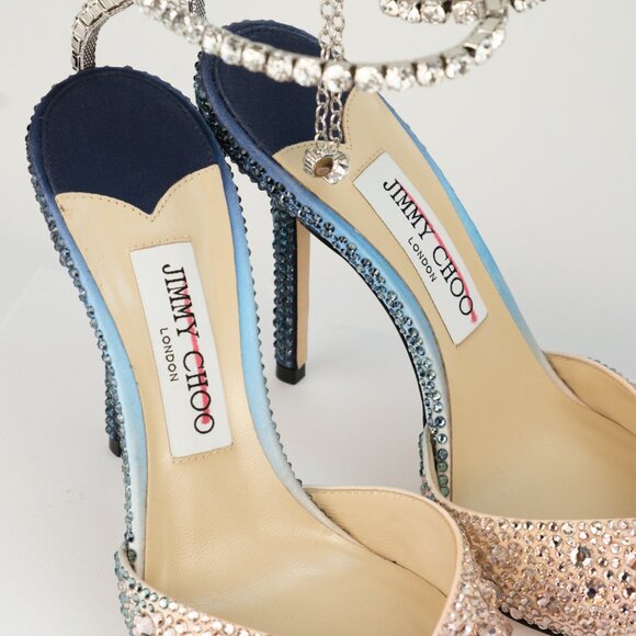 Jimmy Choo Saeda 100 Crystal-Embellished Satin Pumps, Sunrise Mix, EU 38.5/US8.5 - Picture 5 of 15